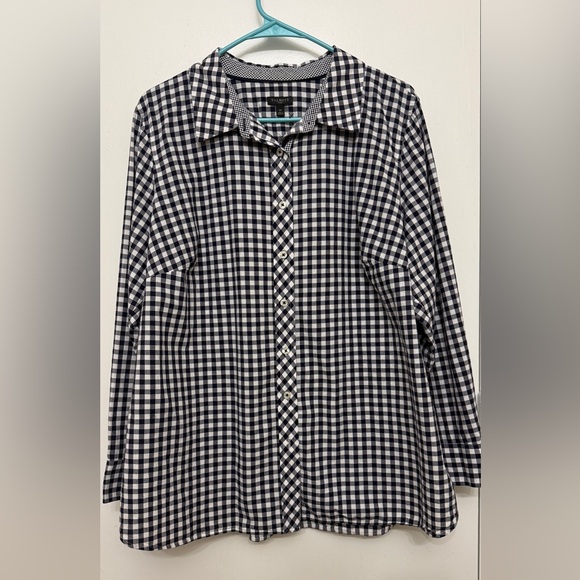Talbots Women's 1X Black White Gingham Button Down Shirt 23x27 Long Sleeve - Picture 2 of 10